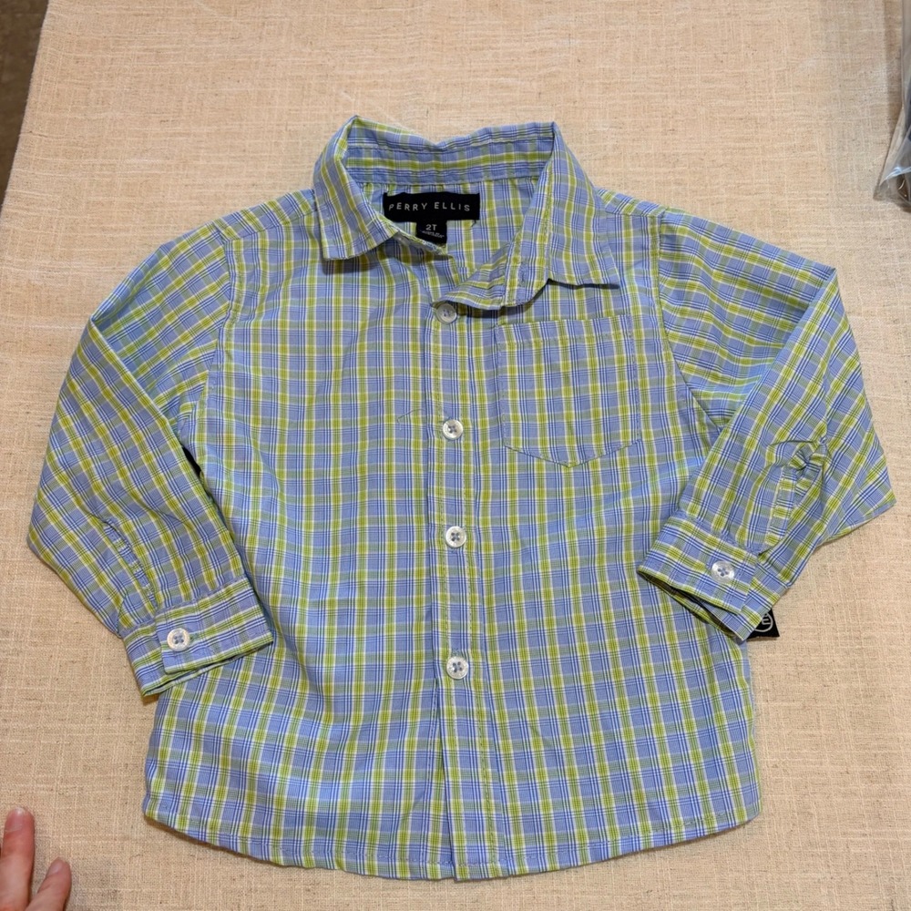 Perry Ellis Toddler Boys 2T Plaid Button Down Shirt Blue Green Long Sleeve Check